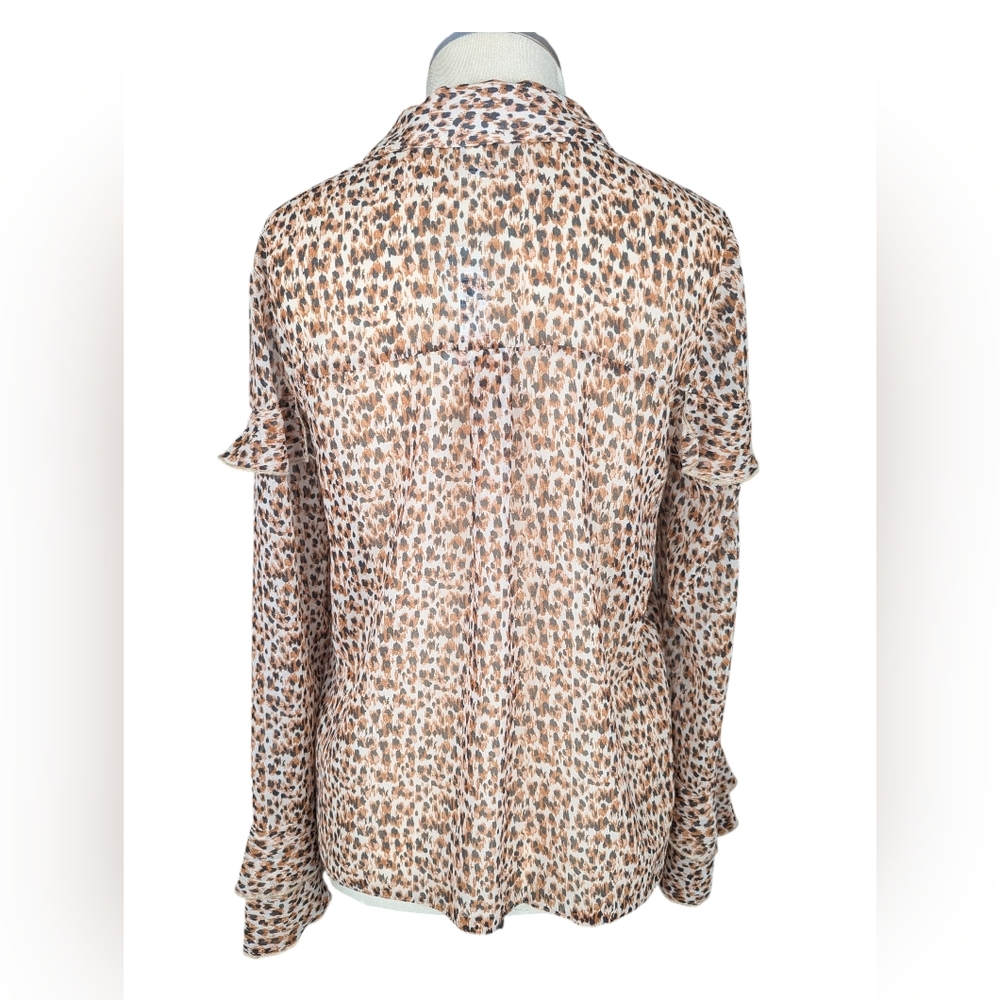 River Island Sheer Leopard Print Ruffle Button Down Shirt W/ Rhinestone Buttons - Picture 2 of 9